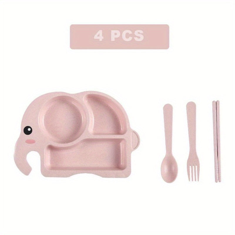 Set of 4, Premium Quality Meal Plate with Anti-fall Divided Design, Made of Food Grade Plastic, Includes Plate, Spoon, Fork, Chopsticks and Cute Cartoon Elephant Design