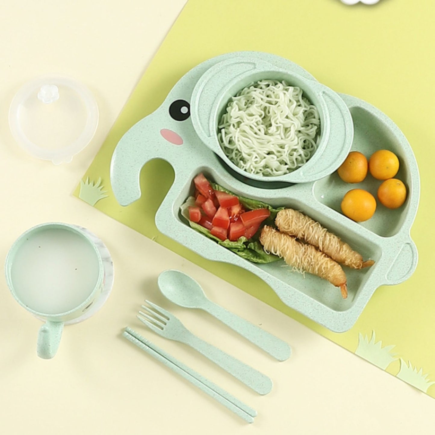 Set of 4, Premium Quality Meal Plate with Anti-fall Divided Design, Made of Food Grade Plastic, Includes Plate, Spoon, Fork, Chopsticks and Cute Cartoon Elephant Design