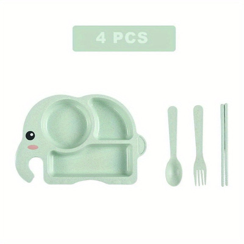 Set of 4, Premium Quality Meal Plate with Anti-fall Divided Design, Made of Food Grade Plastic, Includes Plate, Spoon, Fork, Chopsticks and Cute Cartoon Elephant Design