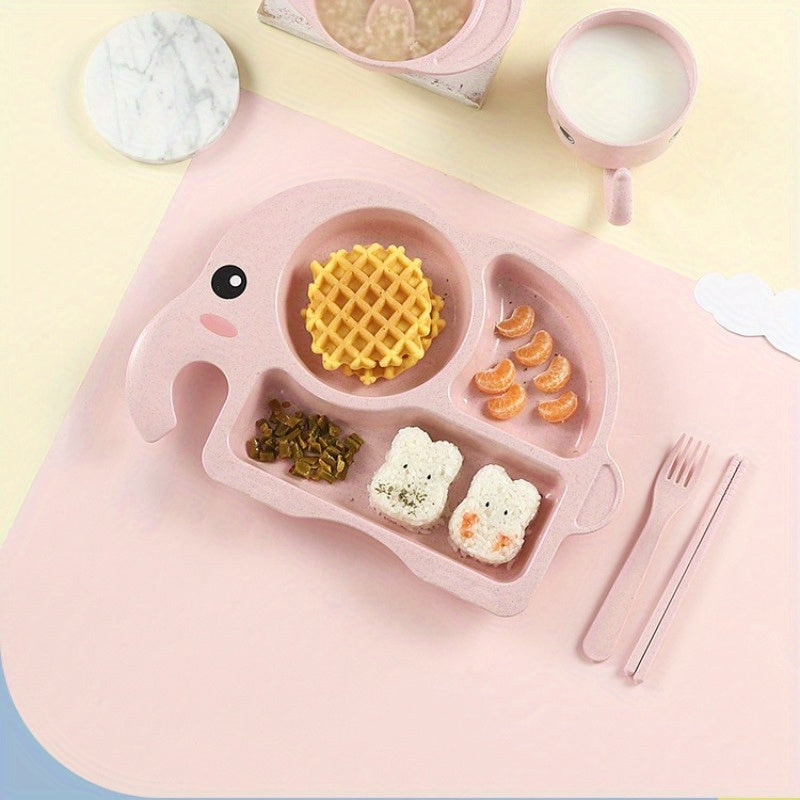 Set of 4, Premium Quality Meal Plate with Anti-fall Divided Design, Made of Food Grade Plastic, Includes Plate, Spoon, Fork, Chopsticks and Cute Cartoon Elephant Design