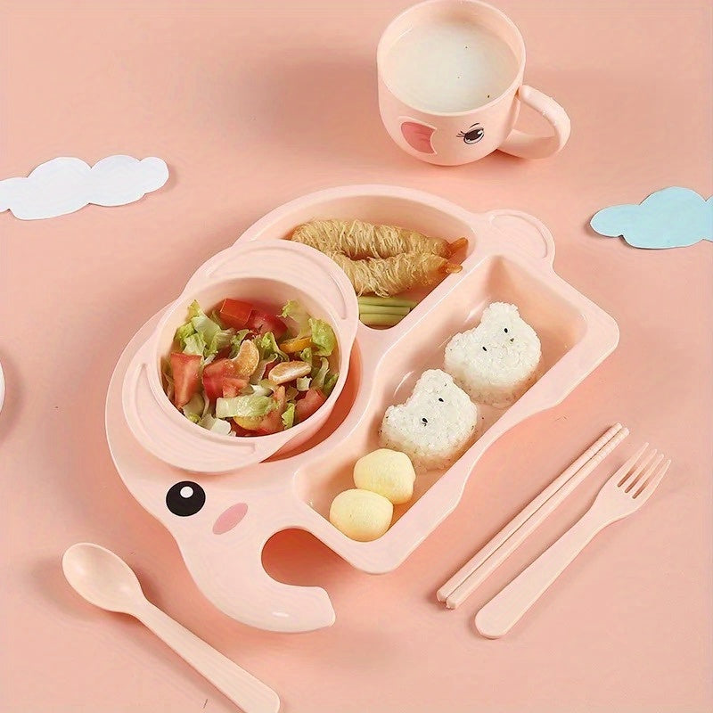 Set of 4, Premium Quality Meal Plate with Anti-fall Divided Design, Made of Food Grade Plastic, Includes Plate, Spoon, Fork, Chopsticks and Cute Cartoon Elephant Design