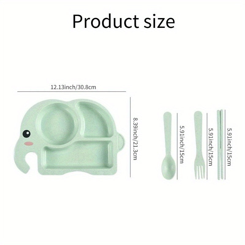 Set of 4, Premium Quality Meal Plate with Anti-fall Divided Design, Made of Food Grade Plastic, Includes Plate, Spoon, Fork, Chopsticks and Cute Cartoon Elephant Design