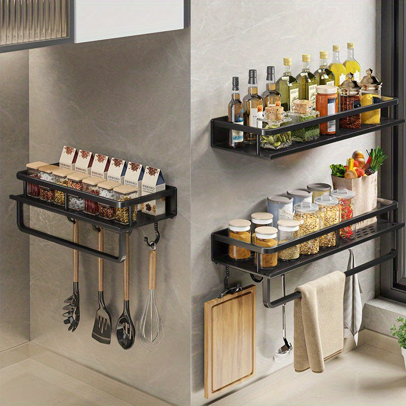 Multifunctional Kitchen Rack for Seasoning Storage and Item Organization, Wall Mounted with Spatula Hook and Towel Bar - Perfect for Kitchen and Bathroom