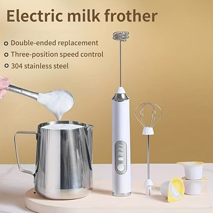 Handheld Electric Milk Frother with 2 Exchangeable Stirring Heads, Rechargeable 3-Speed Coffee Mixer and Egg Beater. This versatile tool can also be used as a Foam Maker, Electric Blender, or Egg Milk Coffee Blender with Beating Egg Head. Ideal for