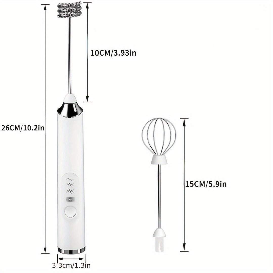 Handheld Electric Milk Frother with 2 Exchangeable Stirring Heads, Rechargeable 3-Speed Coffee Mixer and Egg Beater. This versatile tool can also be used as a Foam Maker, Electric Blender, or Egg Milk Coffee Blender with Beating Egg Head. Ideal for