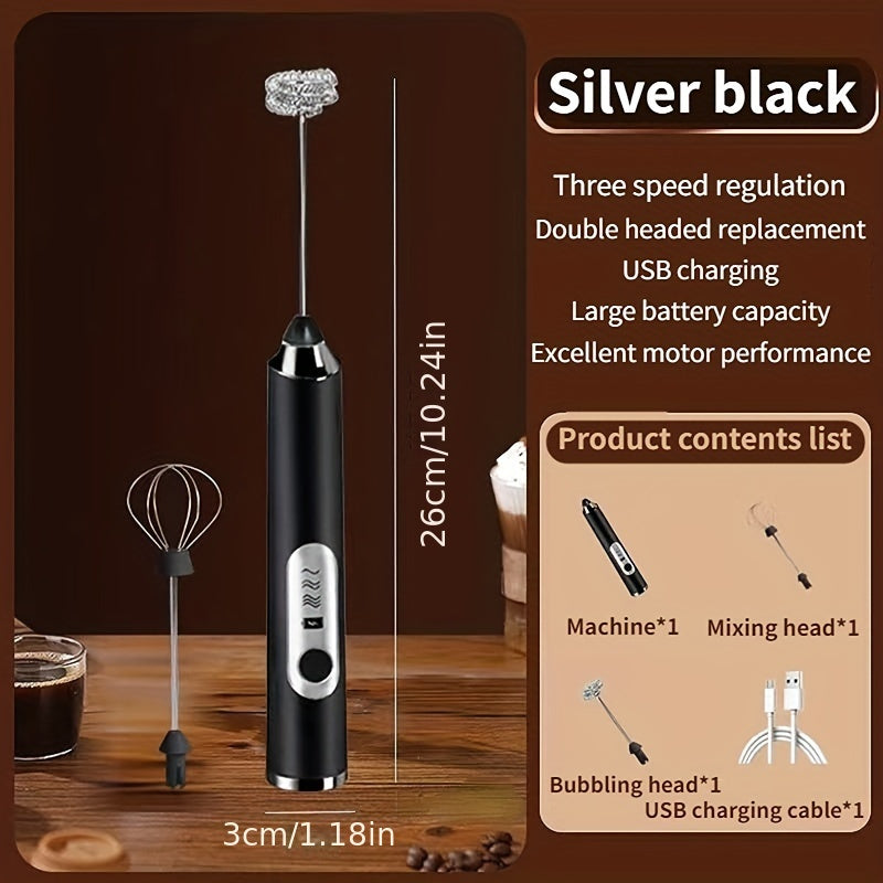 Handheld Electric Milk Frother with 2 Exchangeable Stirring Heads, Rechargeable 3-Speed Coffee Mixer and Egg Beater. This versatile tool can also be used as a Foam Maker, Electric Blender, or Egg Milk Coffee Blender with Beating Egg Head. Ideal for