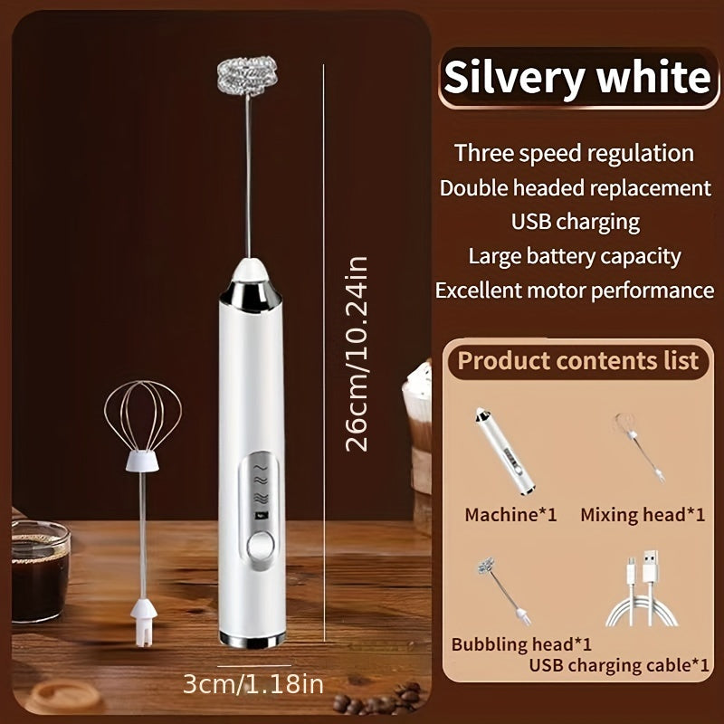 Handheld Electric Milk Frother with 2 Exchangeable Stirring Heads, Rechargeable 3-Speed Coffee Mixer and Egg Beater. This versatile tool can also be used as a Foam Maker, Electric Blender, or Egg Milk Coffee Blender with Beating Egg Head. Ideal for