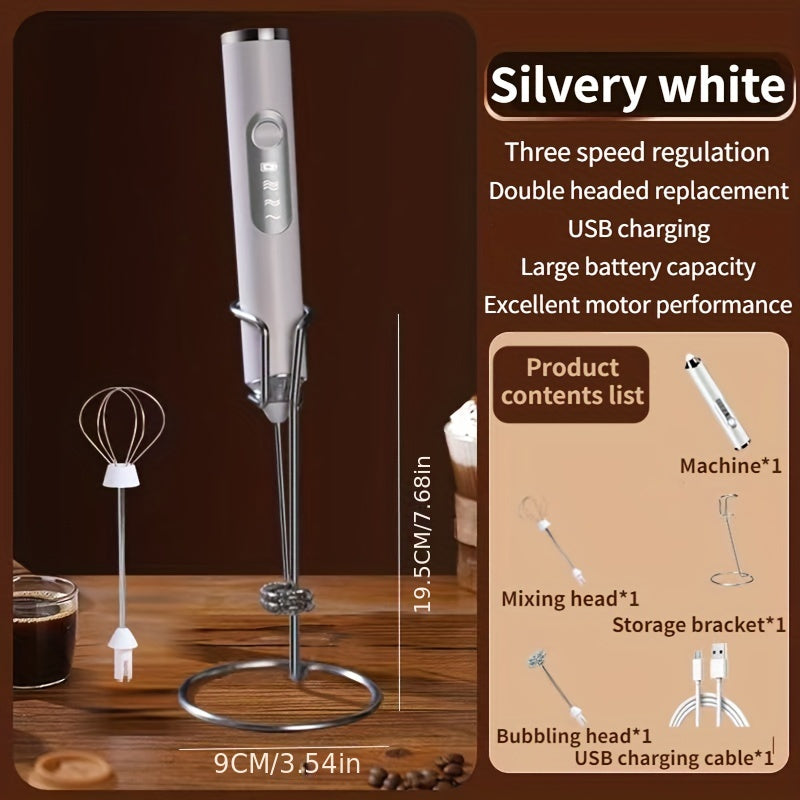 Handheld Electric Milk Frother with 2 Exchangeable Stirring Heads, Rechargeable 3-Speed Coffee Mixer and Egg Beater. This versatile tool can also be used as a Foam Maker, Electric Blender, or Egg Milk Coffee Blender with Beating Egg Head. Ideal for