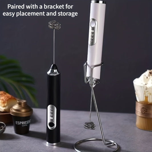 Handheld Electric Milk Frother with 2 Exchangeable Stirring Heads, Rechargeable 3-Speed Coffee Mixer and Egg Beater. This versatile tool can also be used as a Foam Maker, Electric Blender, or Egg Milk Coffee Blender with Beating Egg Head. Ideal for