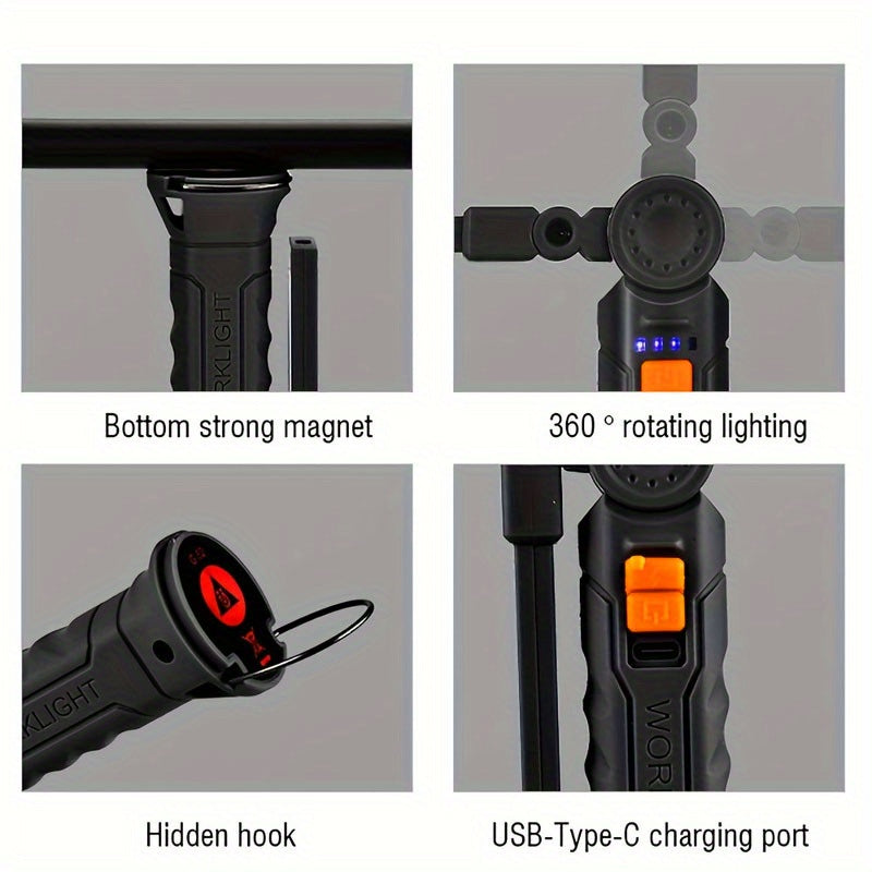 Подарки для мужчин: Ремонтные инструменты, USB-заряжаемые светодиодные рабочие фонари, COB-фонари с магнитным основанием, 4 режима, 360° вращение в черном цвете для рыбалки, чтения и экстренных ситуаций.