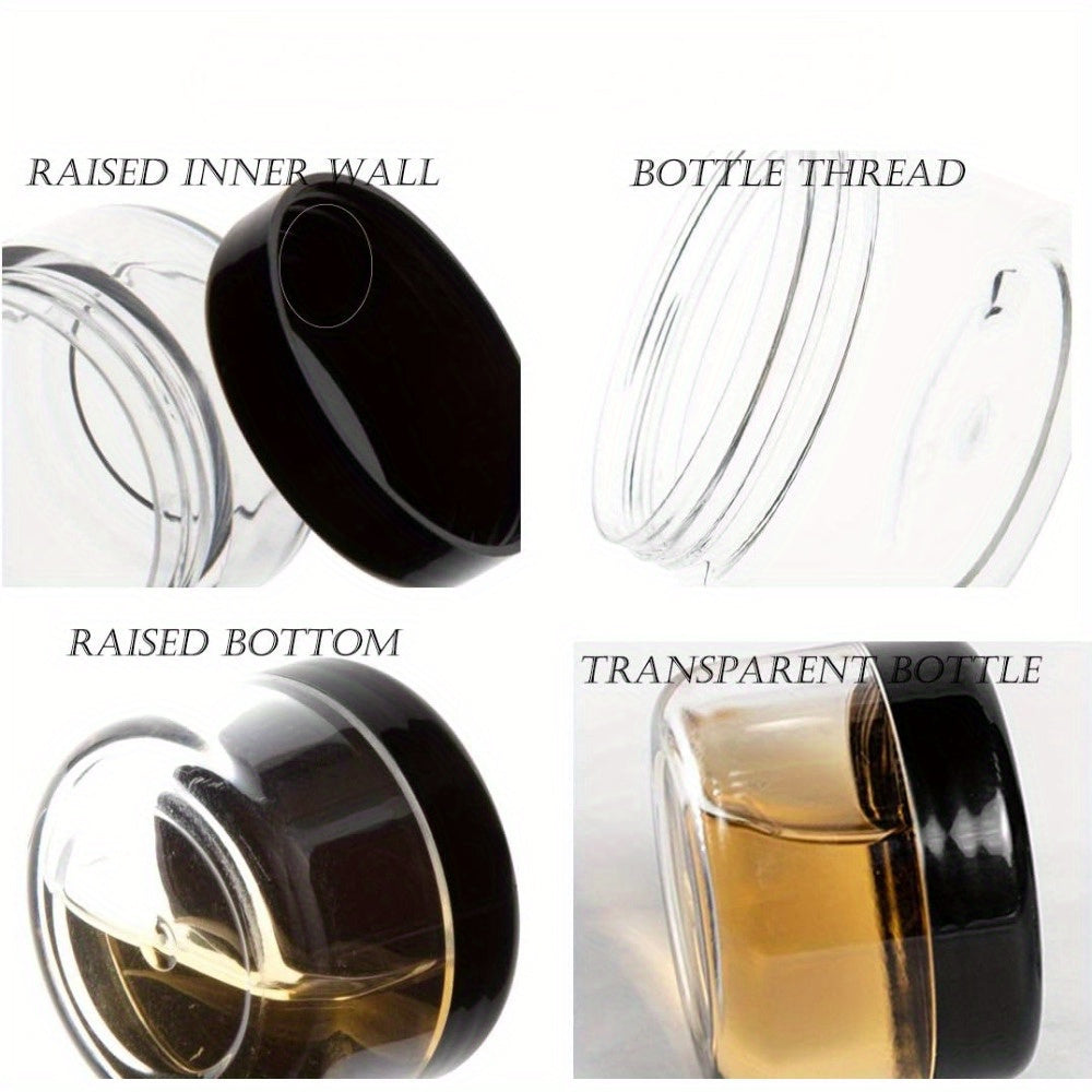 5 grams, transparent mini cream jars with black lids - pack of 10/50. Ideal for storing eyeshadow cream, lip balm, or other cosmetic samples while on the go. Perfect travel essential for beauty enthusiasts.