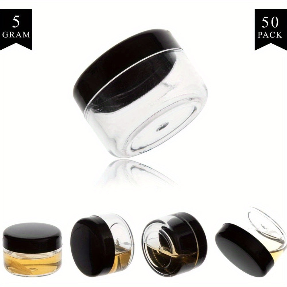 5 grams, transparent mini cream jars with black lids - pack of 10/50. Ideal for storing eyeshadow cream, lip balm, or other cosmetic samples while on the go. Perfect travel essential for beauty enthusiasts.