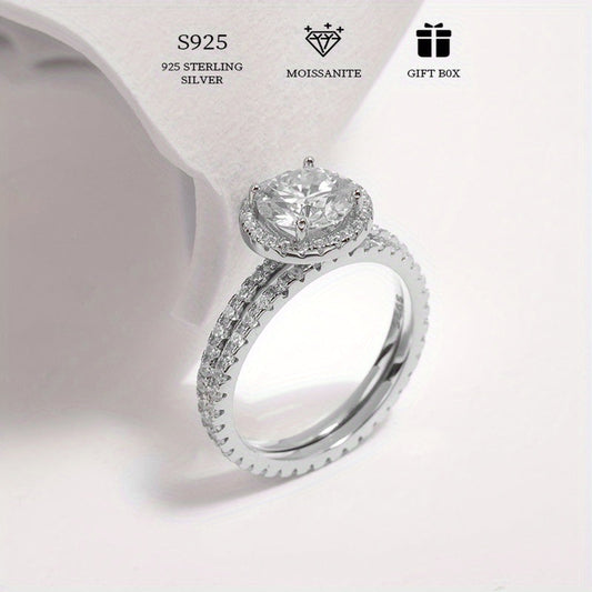 2 carat Moissanite stacking rings made of 925 sterling silver featuring a trendy halo design. Perfect for engagements or weddings, this high-quality jewelry comes with a certificate and a gift box.