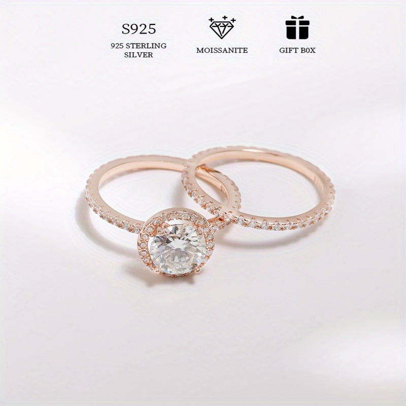 2 carat Moissanite stacking rings made of 925 sterling silver featuring a trendy halo design. Perfect for engagements or weddings, this high-quality jewelry comes with a certificate and a gift box.