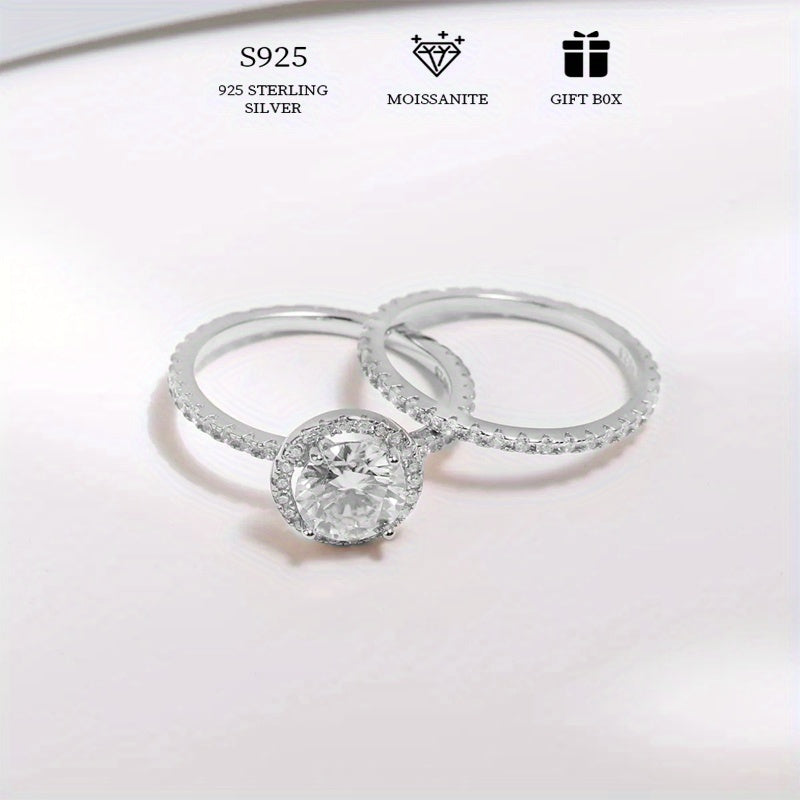 2 carat Moissanite stacking rings made of 925 sterling silver featuring a trendy halo design. Perfect for engagements or weddings, this high-quality jewelry comes with a certificate and a gift box.