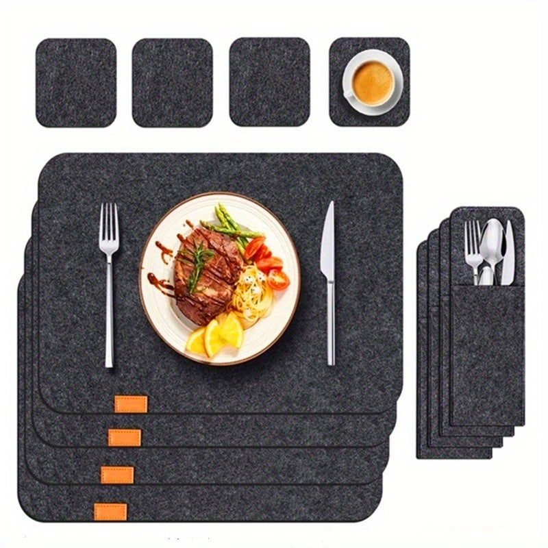 12-piece dining table decor set includes wipe-clean felt placemats, washable place mats, coasters, and cutlery bag. Ideal for kitchen and dining room.