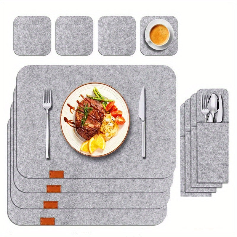 12-piece dining table decor set includes wipe-clean felt placemats, washable place mats, coasters, and cutlery bag. Ideal for kitchen and dining room.