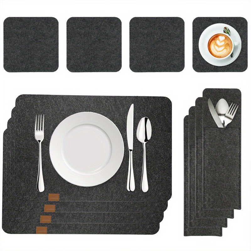 12-piece dining table decor set includes wipe-clean felt placemats, washable place mats, coasters, and cutlery bag. Ideal for kitchen and dining room.