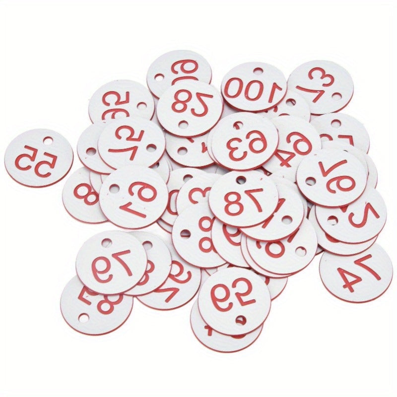 100 pieces of Displayware & Signage, Round Numbered Sign Labels With Hole, featuring a Red Bee Hive Mating Box Mark. Perfect for DIY Christmas Decorations, crafting labels, party decor, and home storage supplies. Each label measures 0.99cm.