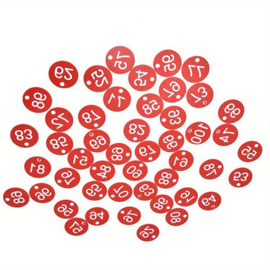 100 pieces of Displayware & Signage, Round Numbered Sign Labels With Hole, featuring a Red Bee Hive Mating Box Mark. Perfect for DIY Christmas Decorations, crafting labels, party decor, and home storage supplies. Each label measures 0.99cm.