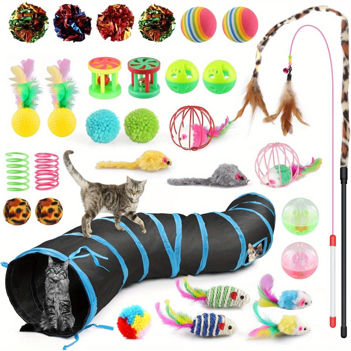 32 piece set of cat toys including tunnel, wand, mice, balls, and interactive toys for indoor cats.