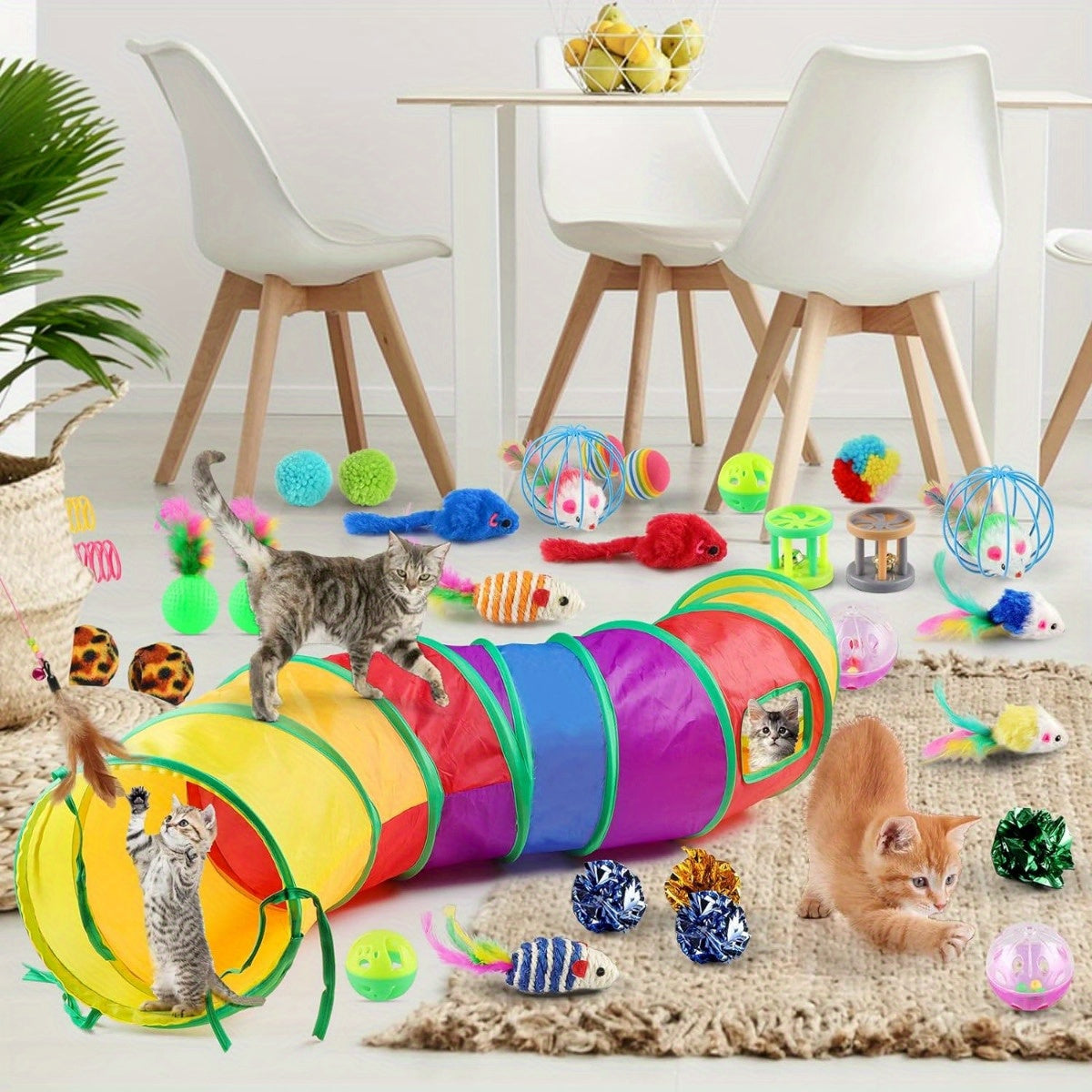 32 piece set of cat toys including tunnel, wand, mice, balls, and interactive toys for indoor cats.