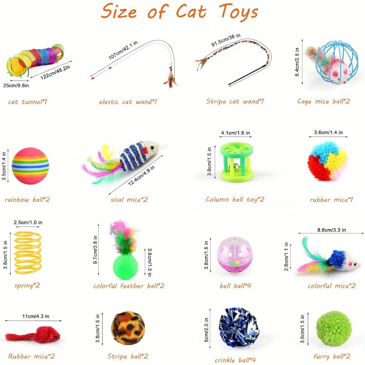 32 piece set of cat toys including tunnel, wand, mice, balls, and interactive toys for indoor cats.