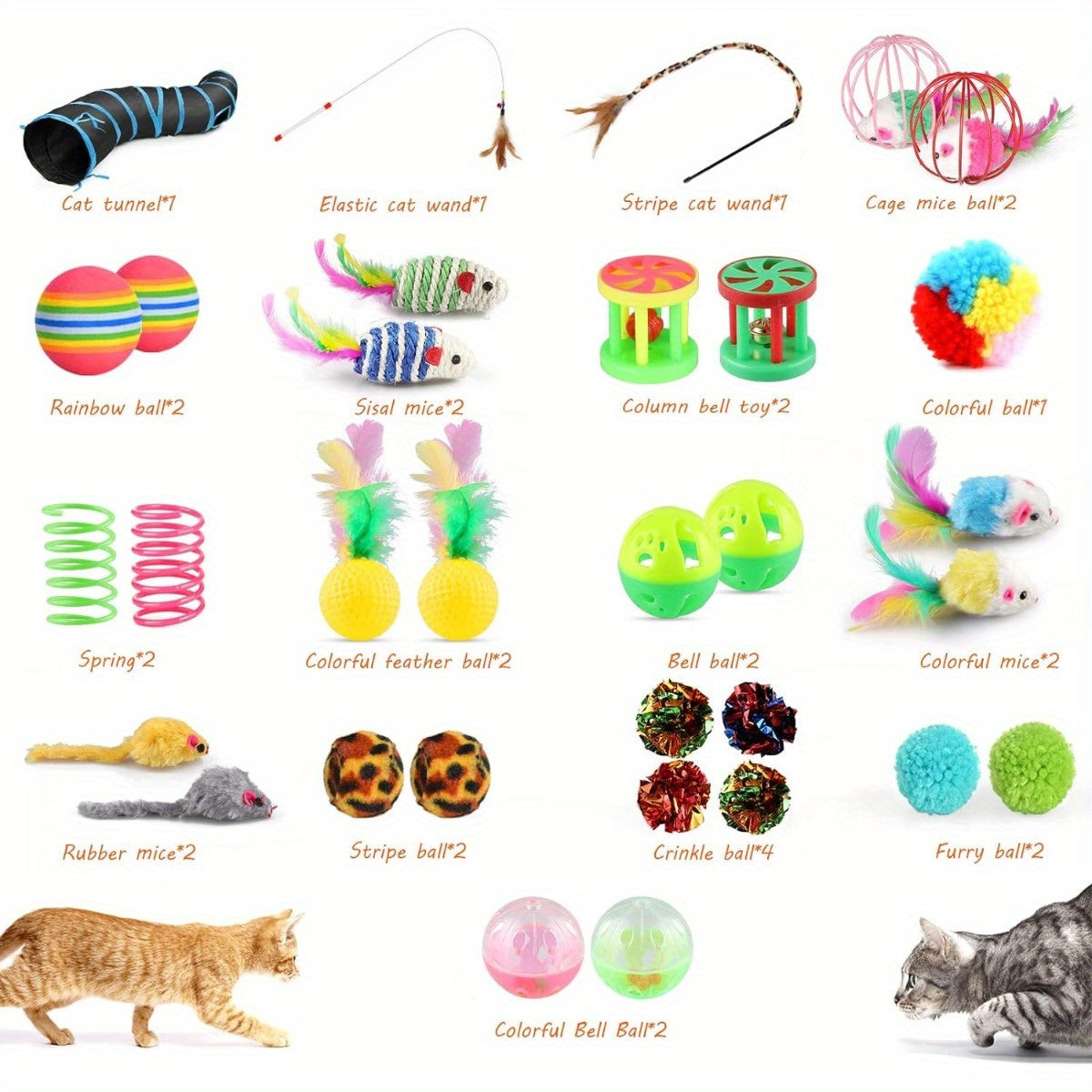 32 piece set of cat toys including tunnel, wand, mice, balls, and interactive toys for indoor cats.