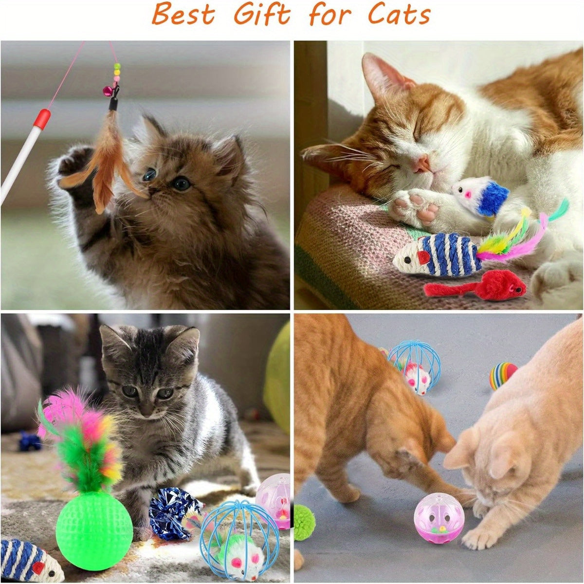 32 piece set of cat toys including tunnel, wand, mice, balls, and interactive toys for indoor cats.