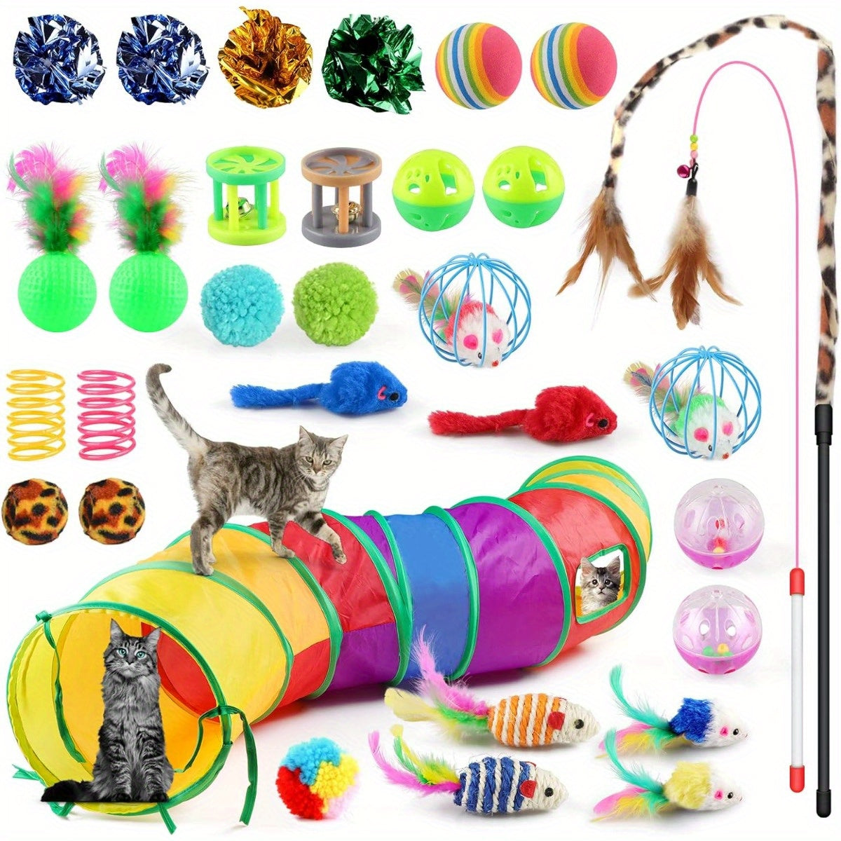 32 piece set of cat toys including tunnel, wand, mice, balls, and interactive toys for indoor cats.