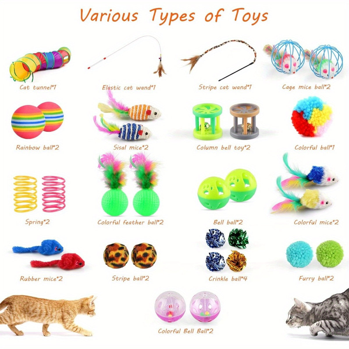 32 piece set of cat toys including tunnel, wand, mice, balls, and interactive toys for indoor cats.