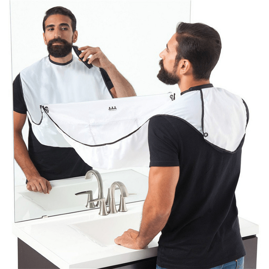 Waterproof beard shaving apron for men - no power required; doubles as a bathroom organizer and gift for him.