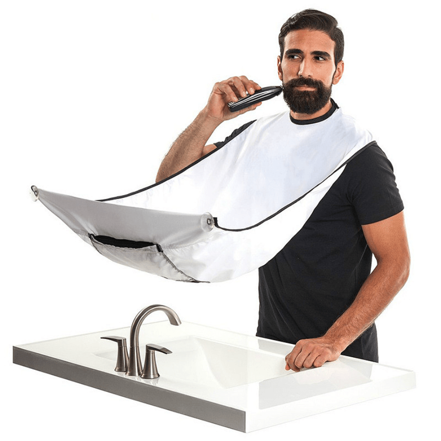 Waterproof beard shaving apron for men - no power required; doubles as a bathroom organizer and gift for him.