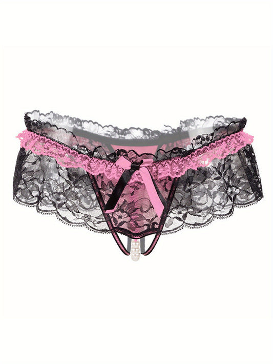 Women's sexy lingerie including floral lace mesh thongs and bow tie open crotch faux pearl panties.