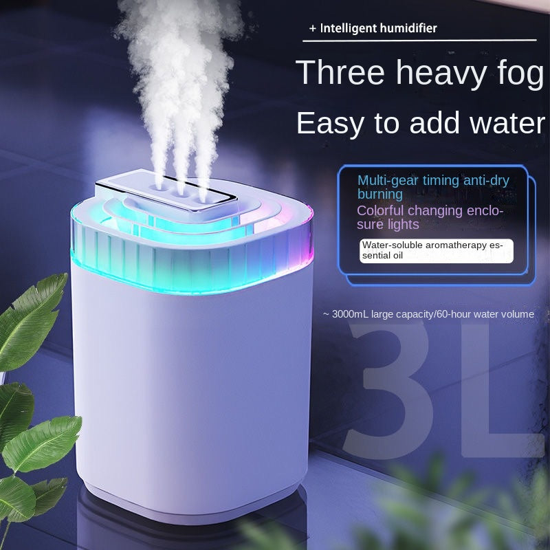 Silent Rhythm Humidifier with 3L capacity and three spouts for home or office use.