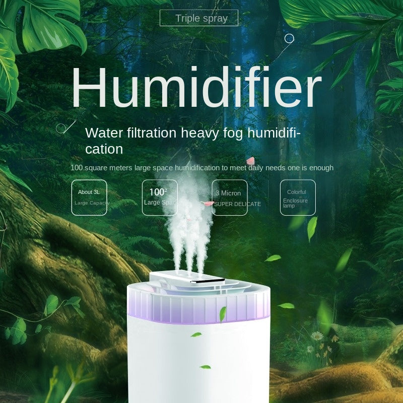 Silent Rhythm Humidifier with 3L capacity and three spouts for home or office use.