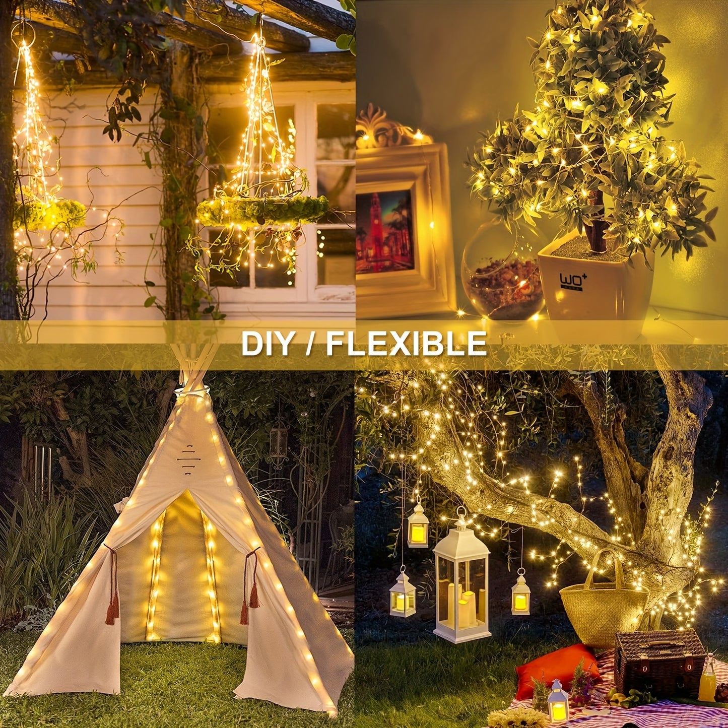 Outdoor Solar String Lights with 8 modes for Tree Garden Xmas Party Wedding, Auto On/Off feature, available in Warm White, Colorful, or White.