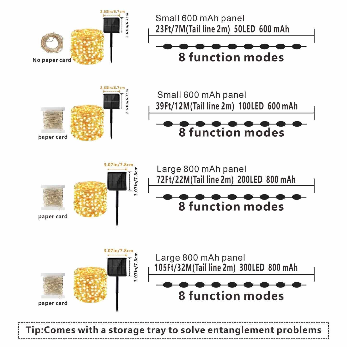 Outdoor Solar String Lights with 8 modes for Tree Garden Xmas Party Wedding, Auto On/Off feature, available in Warm White, Colorful, or White.