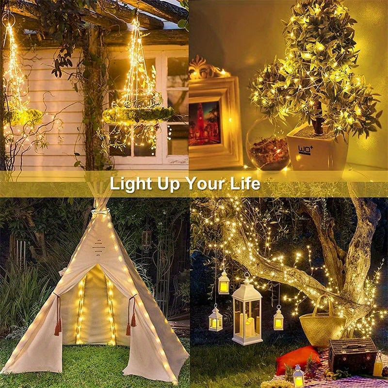 Solar-powered LED string lights for outdoor decoration in garden or patio, perfect for holidays and events.