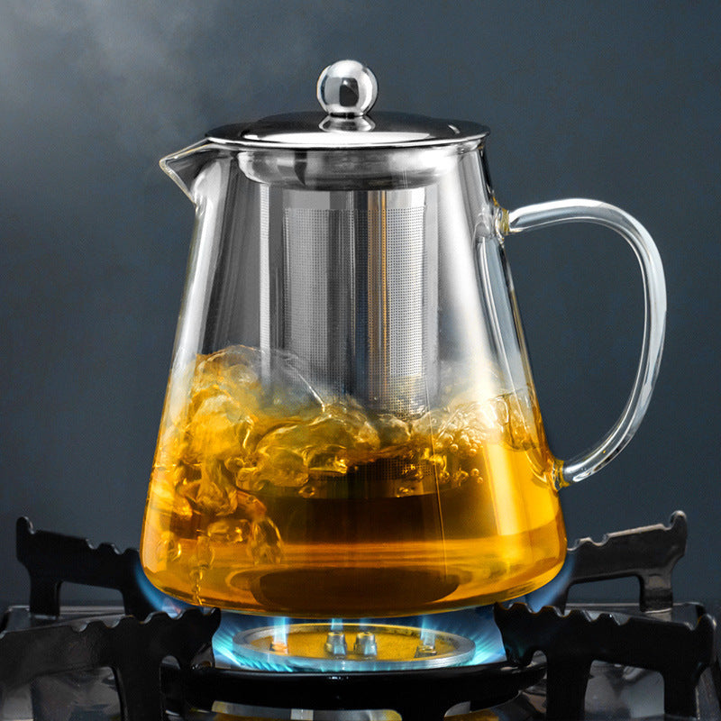 Chic glass teapot with stainless steel infuser – durable, dishwasher safe, ideal for brewing tea on gas stoves at home.