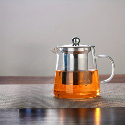 Chic glass teapot with stainless steel infuser – durable, dishwasher safe, ideal for brewing tea on gas stoves at home.