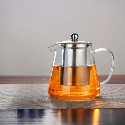 Chic glass teapot with stainless steel infuser – durable, dishwasher safe, ideal for brewing tea on gas stoves at home.