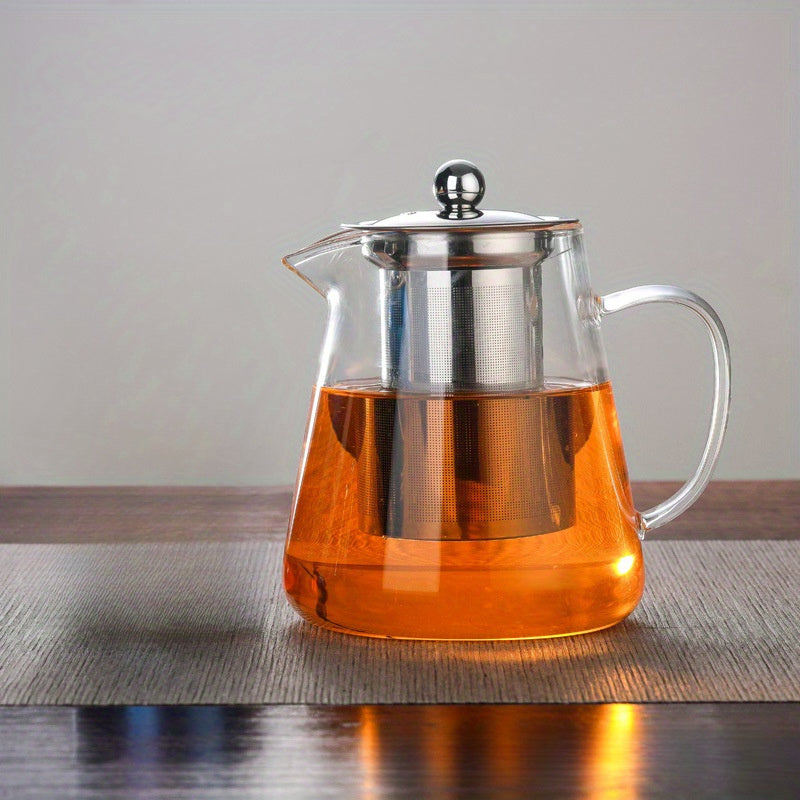 Chic glass teapot with stainless steel infuser – durable, dishwasher safe, ideal for brewing tea on gas stoves at home.