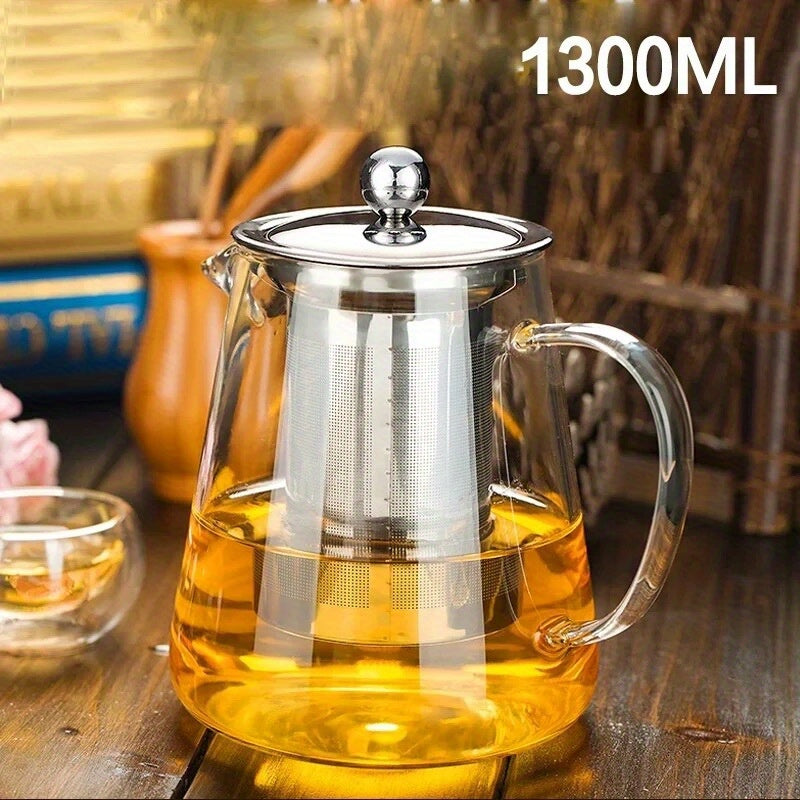 Chic glass teapot with stainless steel infuser – durable, dishwasher safe, ideal for brewing tea on gas stoves at home.