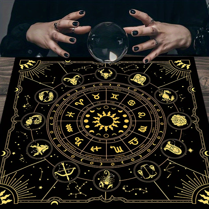 1 piece of a tarot mat featuring the 12 constellations, sun, stars, and mystical altar cloth for tarot cards, runes, witchcraft, astrology, oracle cards, and home decor.