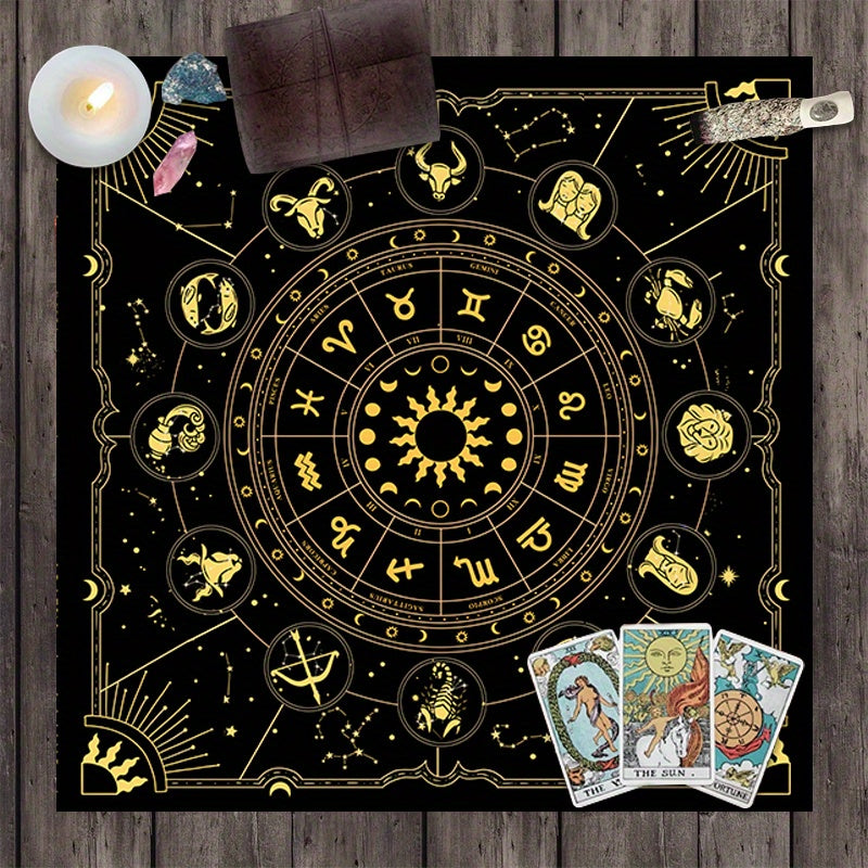 1 piece of a tarot mat featuring the 12 constellations, sun, stars, and mystical altar cloth for tarot cards, runes, witchcraft, astrology, oracle cards, and home decor.