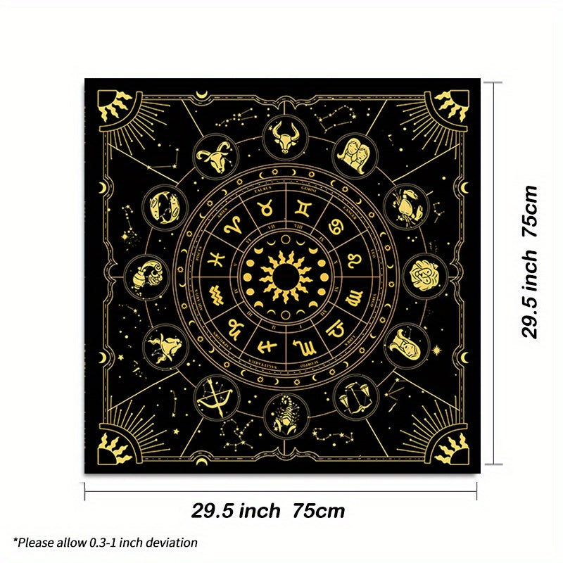 1 piece of a tarot mat featuring the 12 constellations, sun, stars, and mystical altar cloth for tarot cards, runes, witchcraft, astrology, oracle cards, and home decor.