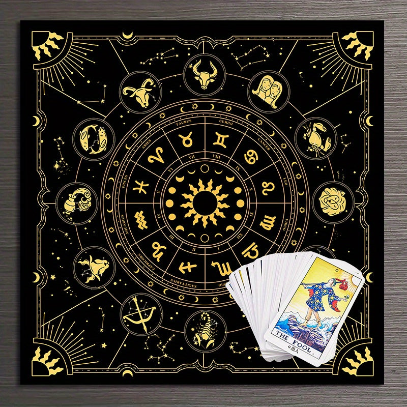 1 piece of a tarot mat featuring the 12 constellations, sun, stars, and mystical altar cloth for tarot cards, runes, witchcraft, astrology, oracle cards, and home decor.