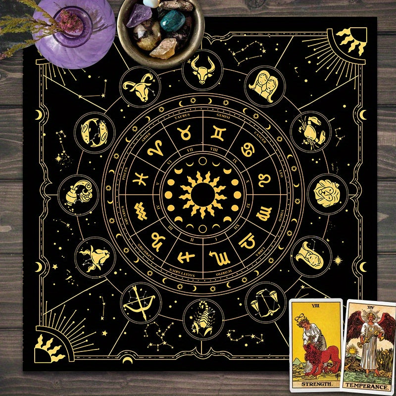 1 piece of a tarot mat featuring the 12 constellations, sun, stars, and mystical altar cloth for tarot cards, runes, witchcraft, astrology, oracle cards, and home decor.