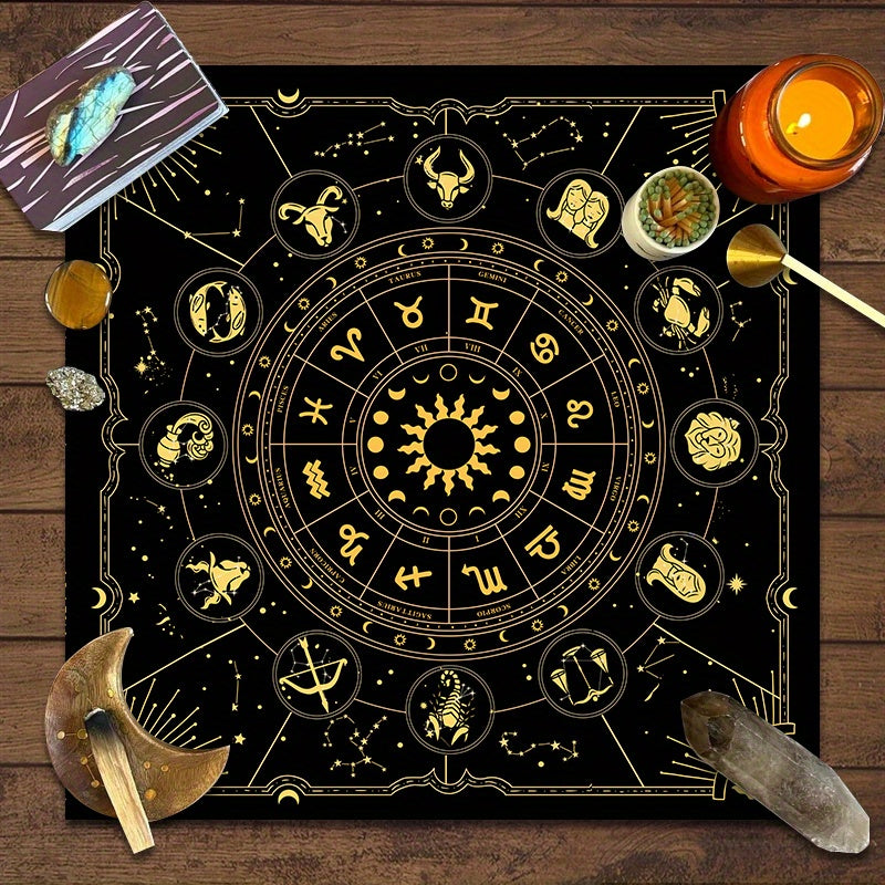 1 piece of a tarot mat featuring the 12 constellations, sun, stars, and mystical altar cloth for tarot cards, runes, witchcraft, astrology, oracle cards, and home decor.